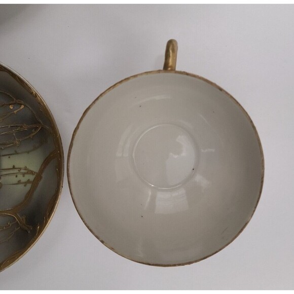 Made in Japan Hand Painted 2 Cups with Saucers Bone China Gold Ivory Grey Birds - Picture 5 of 12